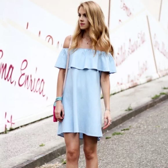 off the shoulder denim dress